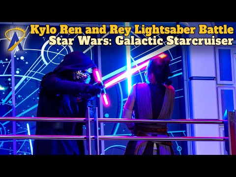 Kylo Ren and Rey Lightsaber Battle and Stunt Show on the Star Wars: Galactic Starcruiser Halcyon