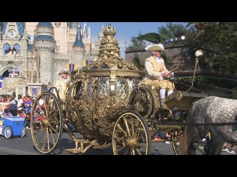 Cinderella&#039;s coach from upcoming Disney live-action film in pre-parade at Magic Kingdom