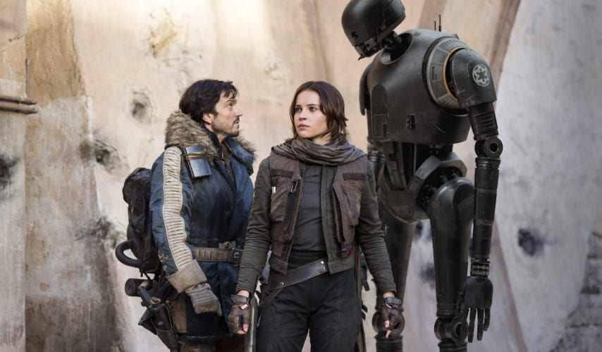 Cassian Andor (Diego Luna), Jyn Erso (Felicity Jones) and K-2SO (Alan Tudyk). in Rogue One: A Star Wars Story