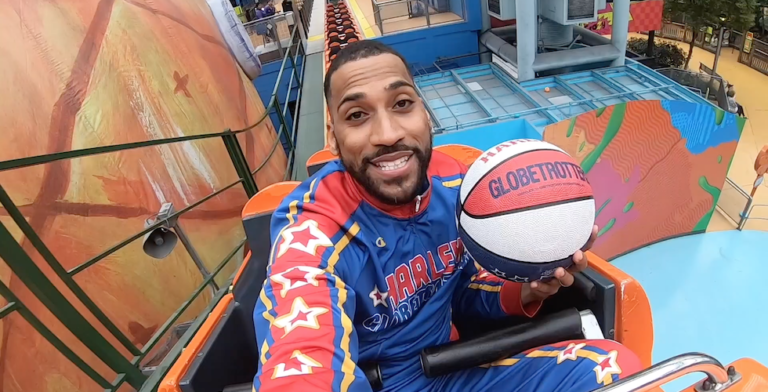Harlem Globetrotters make trick shots from moving roller coaster at Nickelodeon Universe