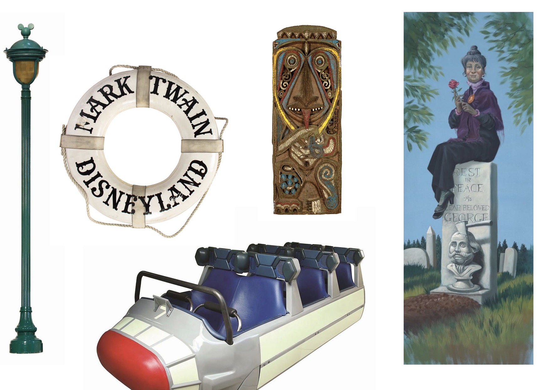 Disneyland Auction, Van Eaton Galleries, Mickey-ear lamppost, Tiki Room mask, Space Mountain ride vehicle, Haunted Mansion stretching portrait