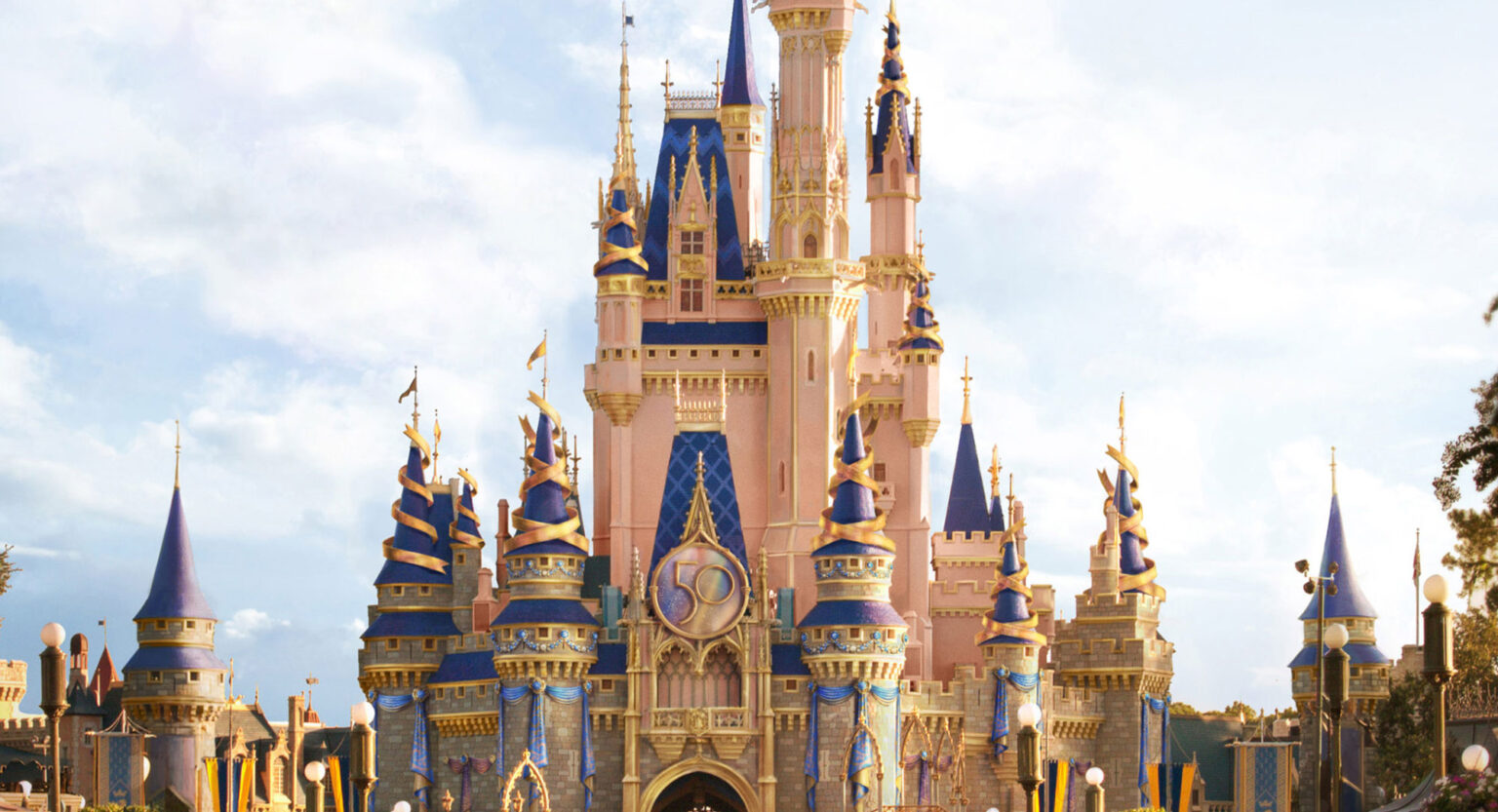 Disney provided concept art of Cinderella Castle 50th anniversary decorations. 