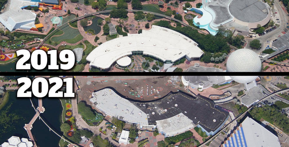 Epcot demolition progress from 2019 to 2021