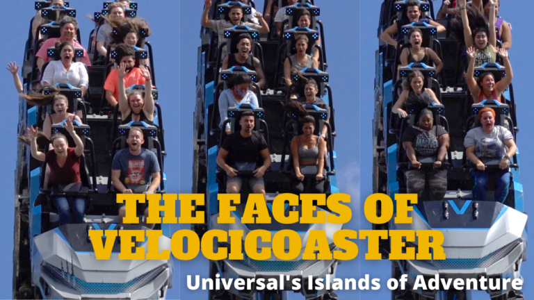 Happy, funny, fearful faces on Jurassic World VelociCoaster