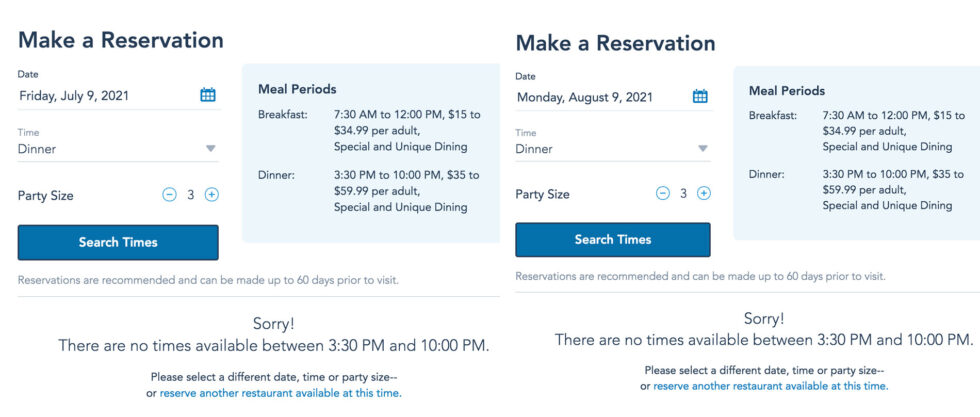 Ohana reservations are fully booked for dinner.