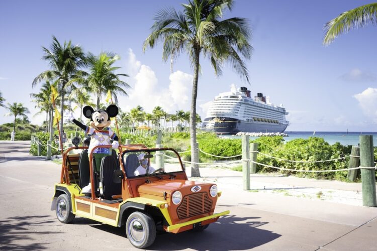 Mickey Mouse rides in a special jeep on Castaway Cay