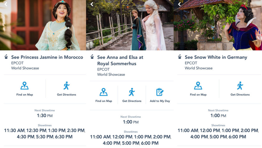 Epcot character set times seen in the My Disney Experience app.