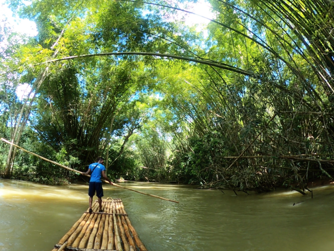 Going under a bamboo forest during your bamboo river rafting experience.