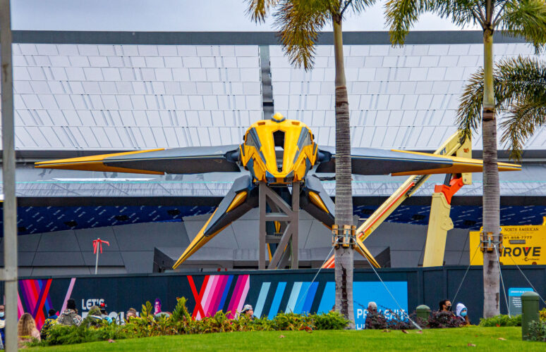 Front view of Star Blaster spaceship at the Guardians of the Galaxy: Cosmic Rewind roller coaster.