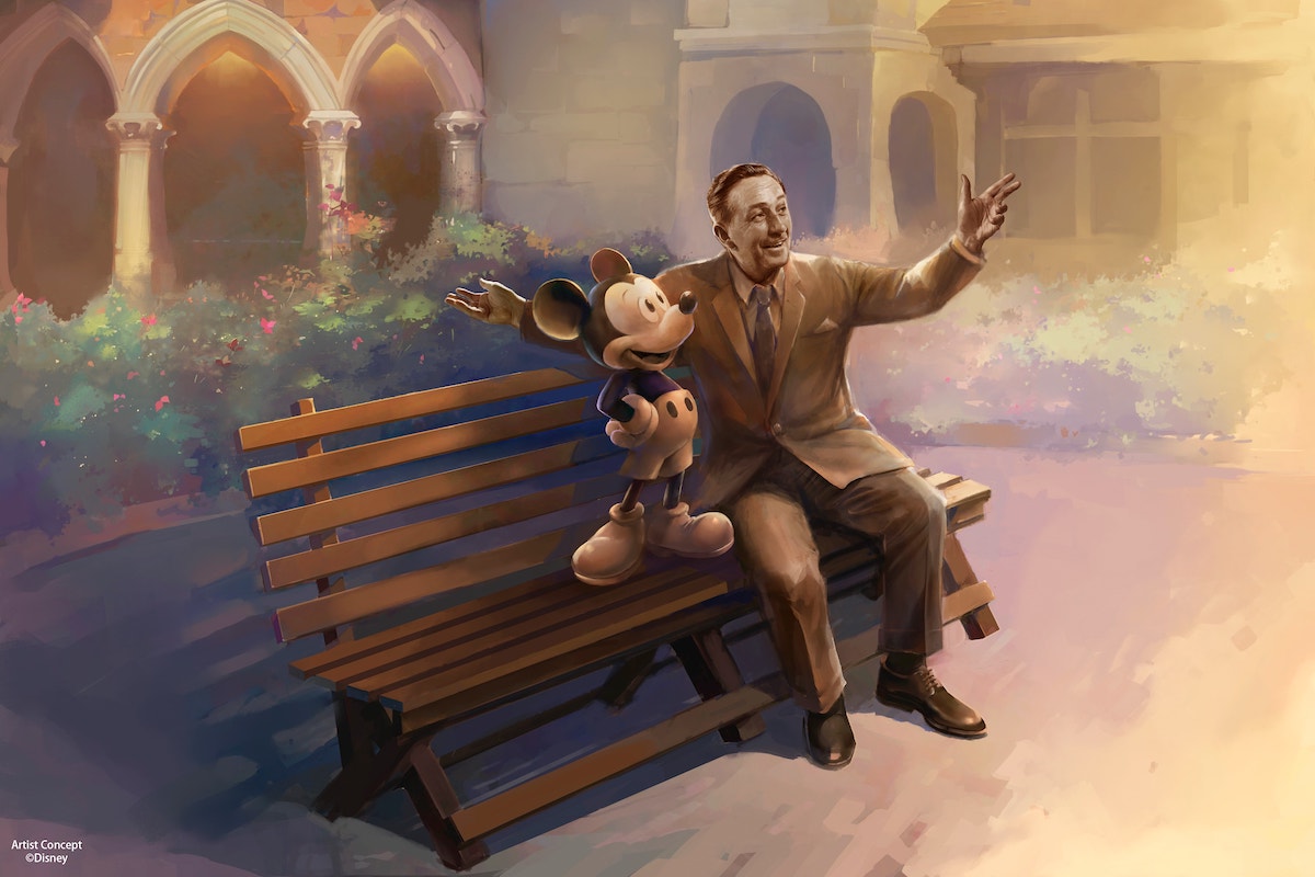 Upcoming Walt Disney and Mickey Mouse statue at Hong Kong Disneyland.
