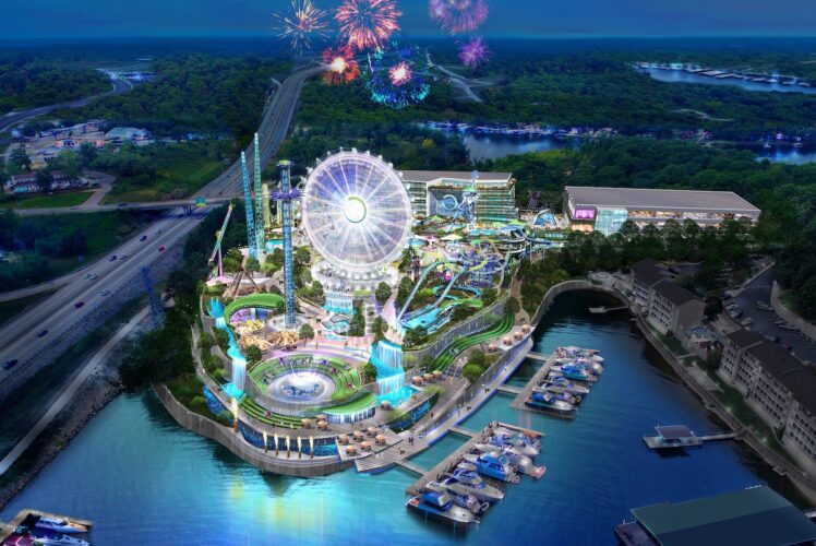 Rendering of the Oasis at Lakeport showing roller coasters, drop rides, and more.