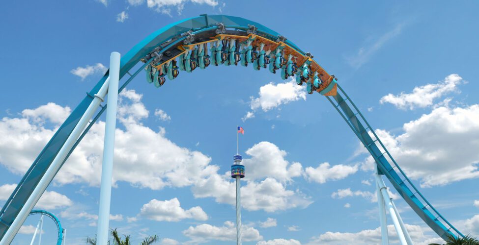 Riders go upside-down while standing in a surf position on the upcoming Pipeline roller coaster at SeaWorld Orlando.