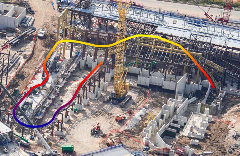 Partial ride track layout for the Universal's Epic Universe Super Nintendo World Donkey Kong roller coaster. 