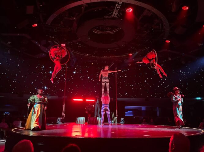 Circus acts and more onboard MSC Meraviglia cruise ship.
