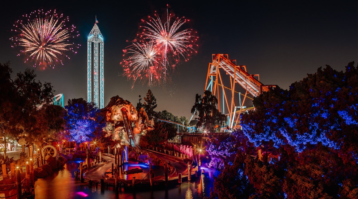 Fireworks over Knott's Berry Farm attractions