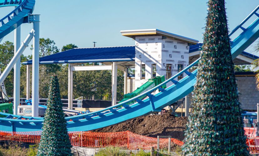 Load/unload station at SeaWorld Orlando's Pipeline: The Surf Coaster construction. 