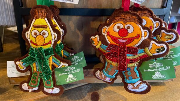 Sold separately, Bert and Ernie each have their own plush ornaments at SeaWorld Orlando. 