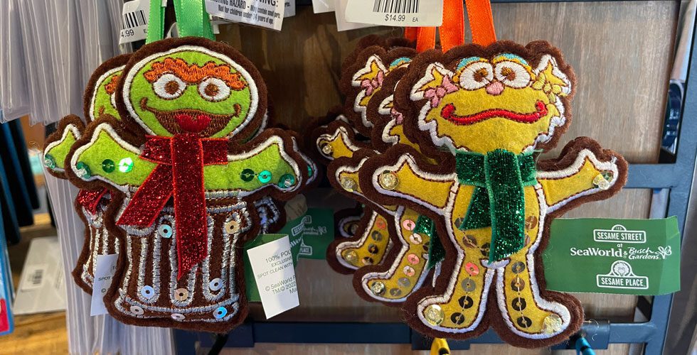 Sesame Street ornaments for sale at SeaWorld Orlando.
