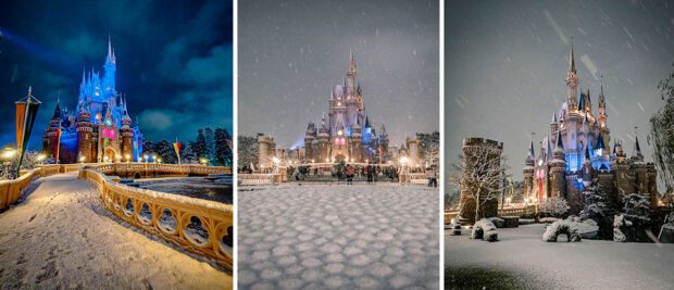 Cinderella Castle highlighted by the snow in the evening.