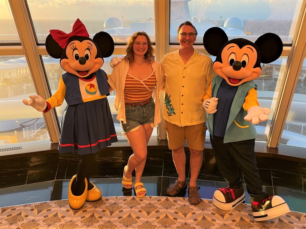 Minnie and Mickey Mouse in Pixar-themed outfits for Pixar Day at Sea sailings