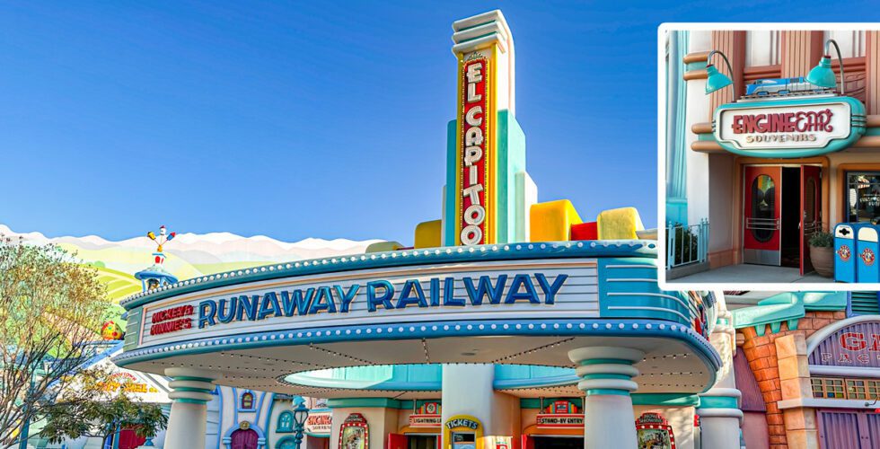 Exterior of Mickey and Minnie's Runaway Railway and EngineEar gift shop at Disneyland Park. 
