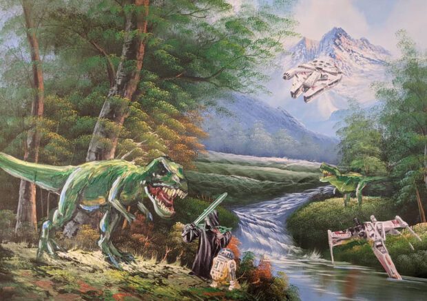 The pop culture designs in this painting see Luke Skywalker versus a T-Rex.