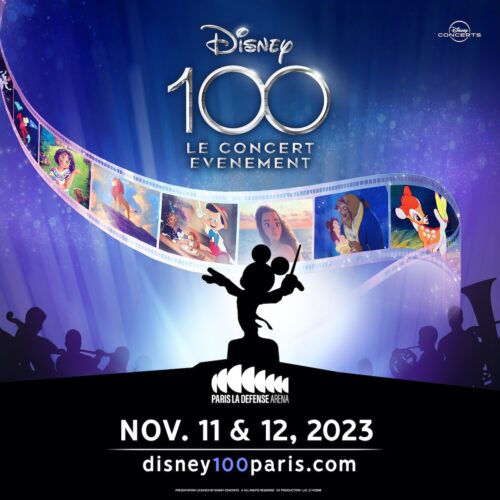 Poster for Disney100 concert depicting Mickey Mouse in silhouette conducting musicians as a film reel magically floats above, depicting favorite Disney moments.