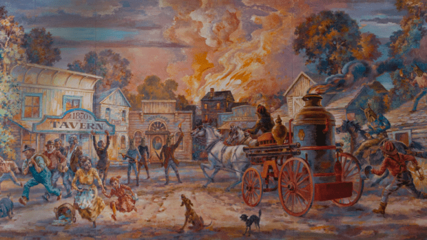 Painting of an old western town on fire, with firefighters arriving in a horse-drawn brigade