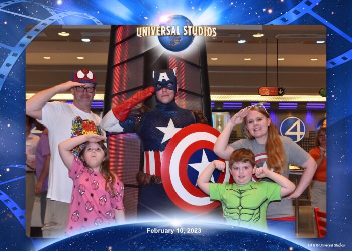 Epic Family Quest family with Captain America at Universal's Marvel Character Dinner