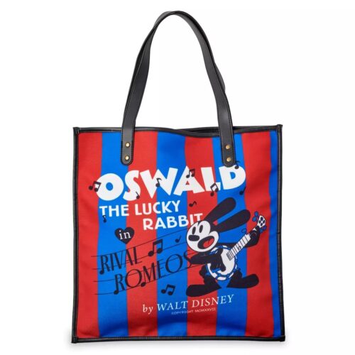 Red and blue striped tote bag featuring Oswald the Lucky Rabbit playing the guitar