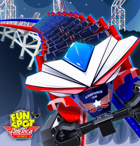 Concept rendering of ArieForce One coaster train featuring red and blue colors with an angular wing on the front