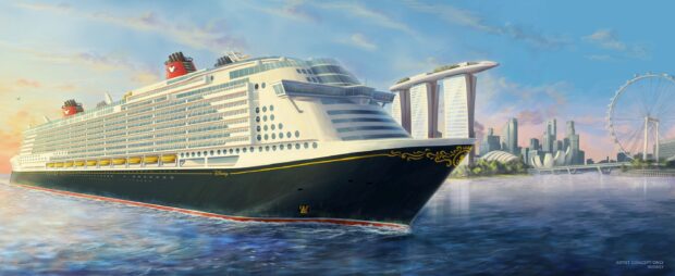 Artist rendering of a Disney Cruise ship sailing in Singapore's Marina Bay