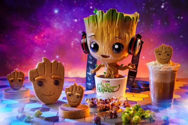 Baby Groot themed food items, and popcorn bucket