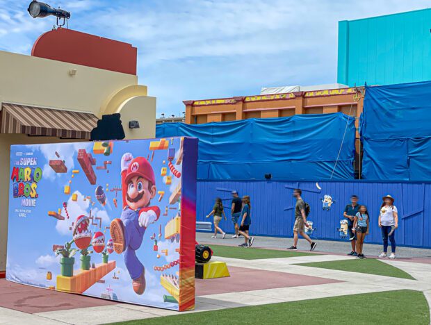 The Super Mario Bros Movie photo op and Minions Land construction. 
