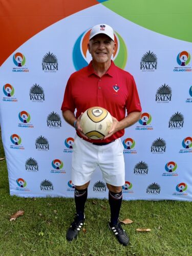 Darrin Karuzas poses with his FootGolf ball.