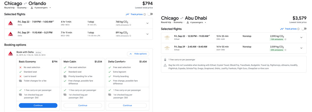 Flight comparison from Chicago to Abu Dhabi and Orlando. 