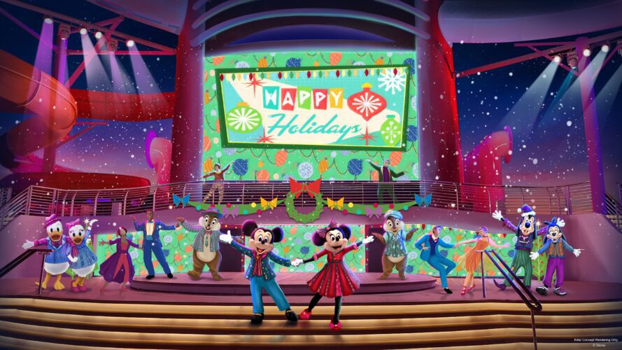 Artist concept drawing of Mickey and Minnie's Holiday Party during Very Merrytime Cruise