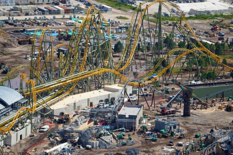Detailed look at the space-themed dueling roller coaster construction at Epic Universe