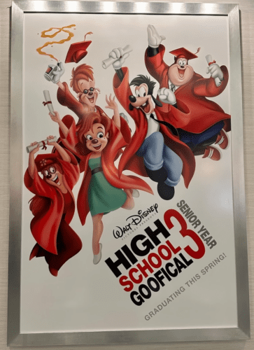 High School Musical 3 Goofy Movie parody poster in Mickey & Minnie's Runaway Railway queue