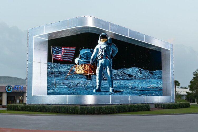 The Kennedy Entry Experience is a 3,000-square-foot LEG video display showcasing a six-minute video of NASA's past, present, and future.