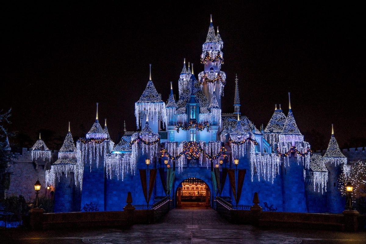 Sleeping Beauty Castle with Christmas lights