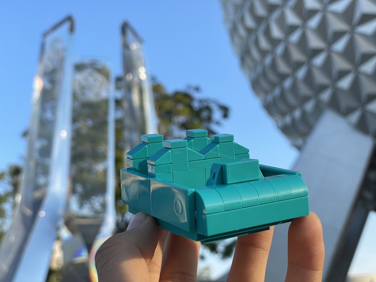 Spaceship Earth ride vehicle made from Lego bricks