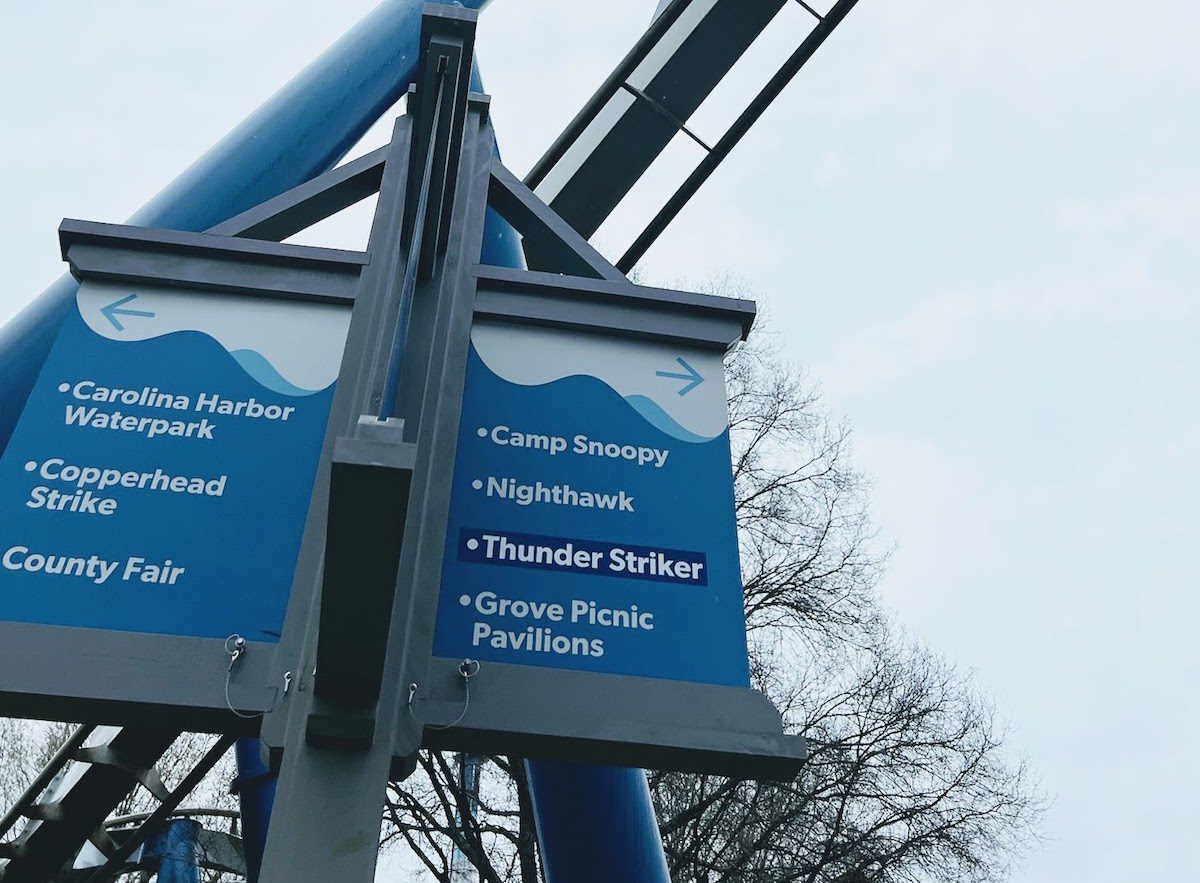 Thunder Strike signage at Carowinds