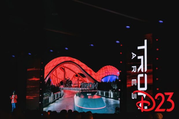 Red Lightcycle 'Tron: Ares' red overlay POV of Lightcycle Run at Magic Kingdom