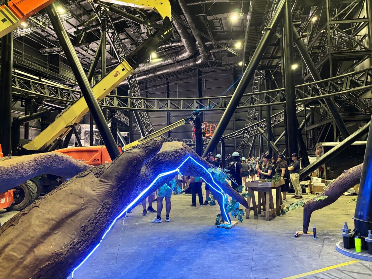 Busch Gardens Williamsburg Verbolten Forbidden Turn vine prop and lighting inside ride buildding during hard hat tour - 