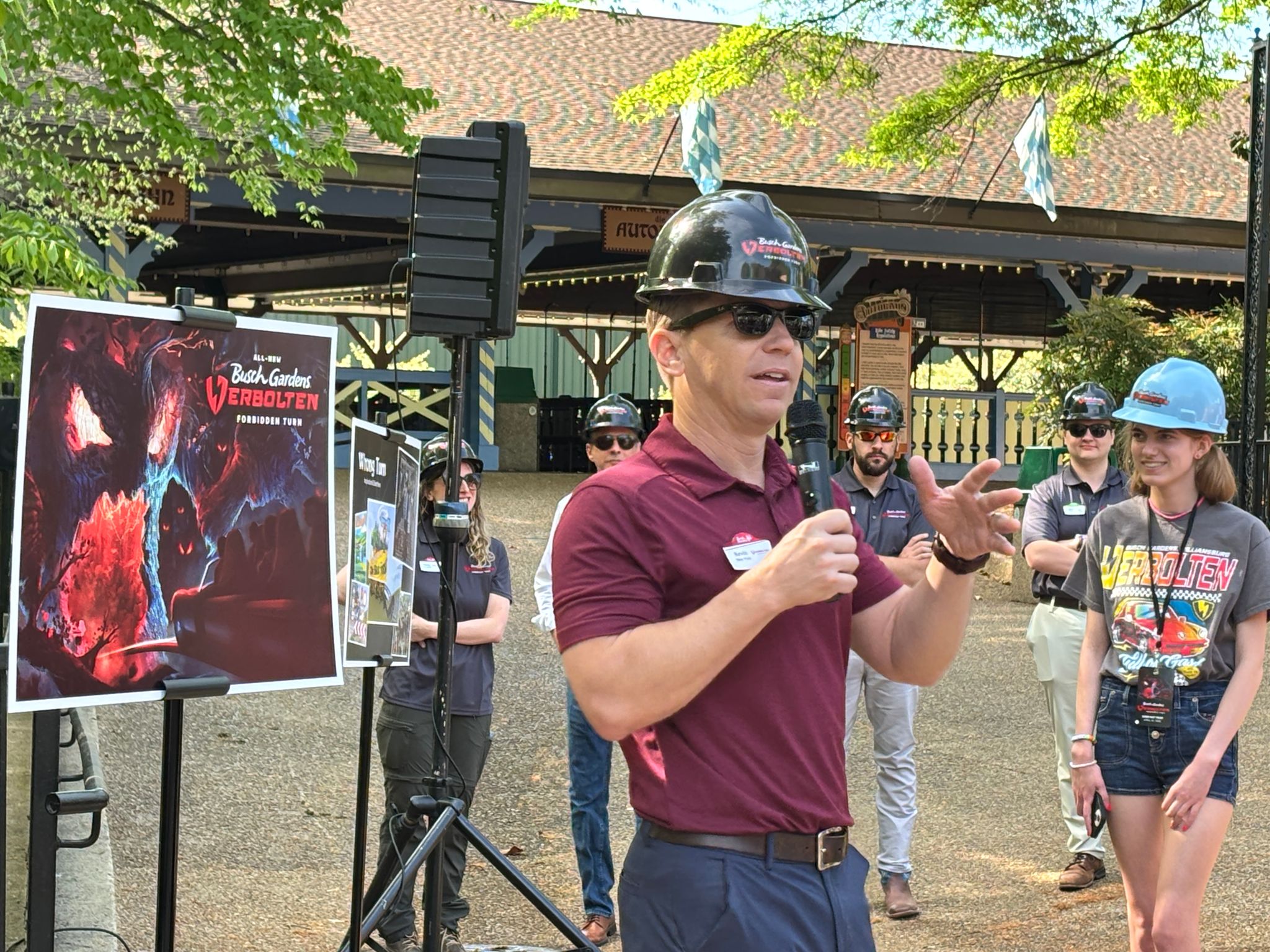Busch Gardens Williamsburg representative addresses a group of media during a Verbolten Forbidden Turn hard hat tour - Photo by Melody Matheny