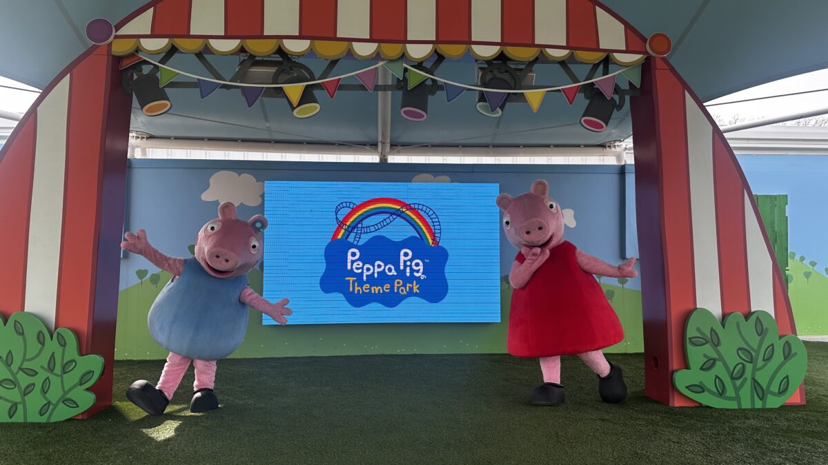 characters pose at peppa pig theme park with George's New Hearing Aid