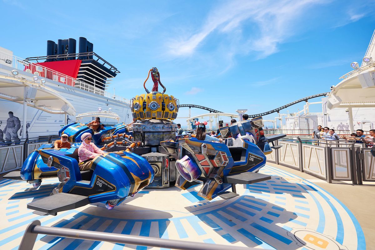 Marvel fans unite on the upper deck of the Disney Adventure for Avengers-level adventures at Marvel Landing. This adventure zone is a first for the Disney Cruise Line fleet and celebrates the larger-than-life personalities from the Marvel Universe, including three all-new attractions and experiences inspired by favorite Super Heroes, plus a sleek sundeck with an infinity pool and bar for snacks and beverages. (Amy Smith, photographer)