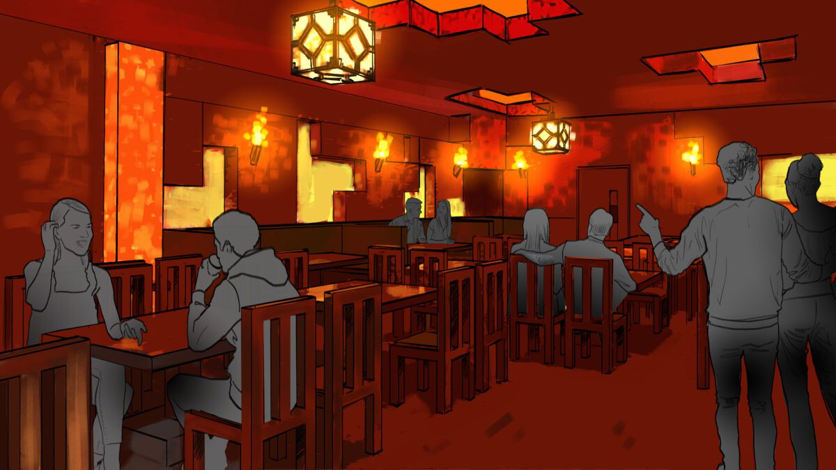 Minecraft World Restaurant Dining Concept Art.