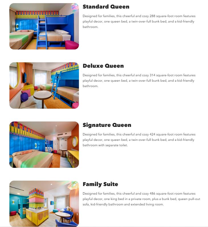 Screenshot of website with Universal-Kids Resort Hotel Texas Room Types